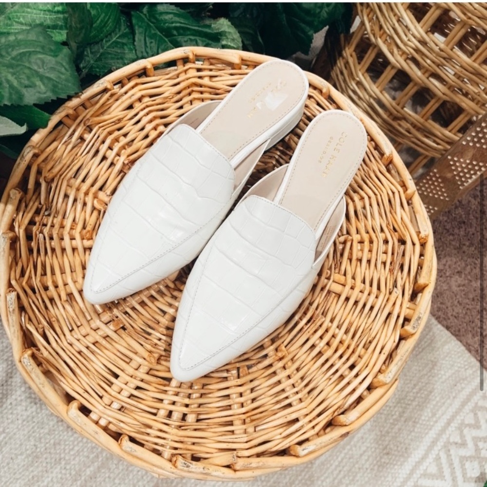 Cole Haan white croc mules